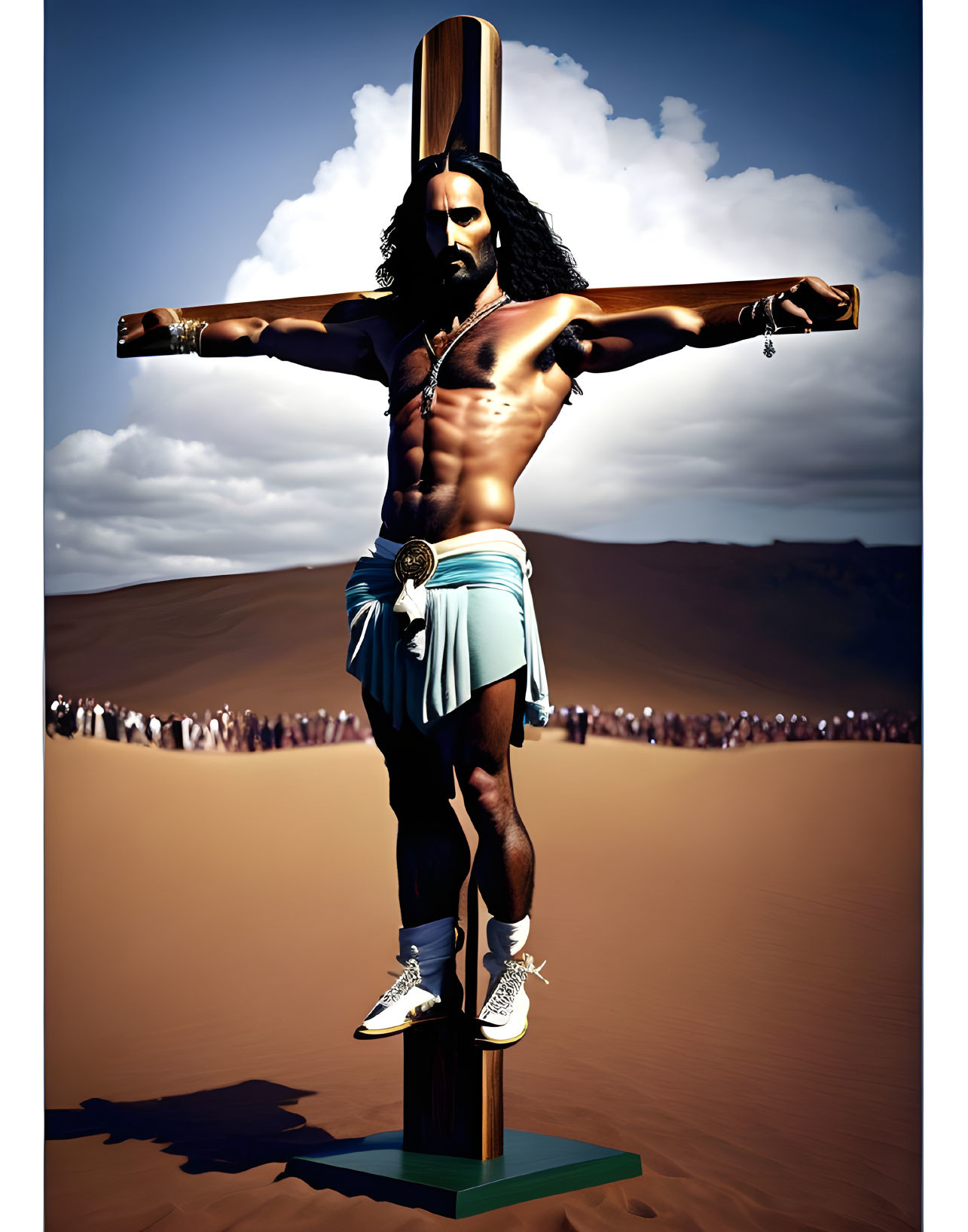 Stylized man with long hair and beard in modern sneakers, posed as crucified in desert with