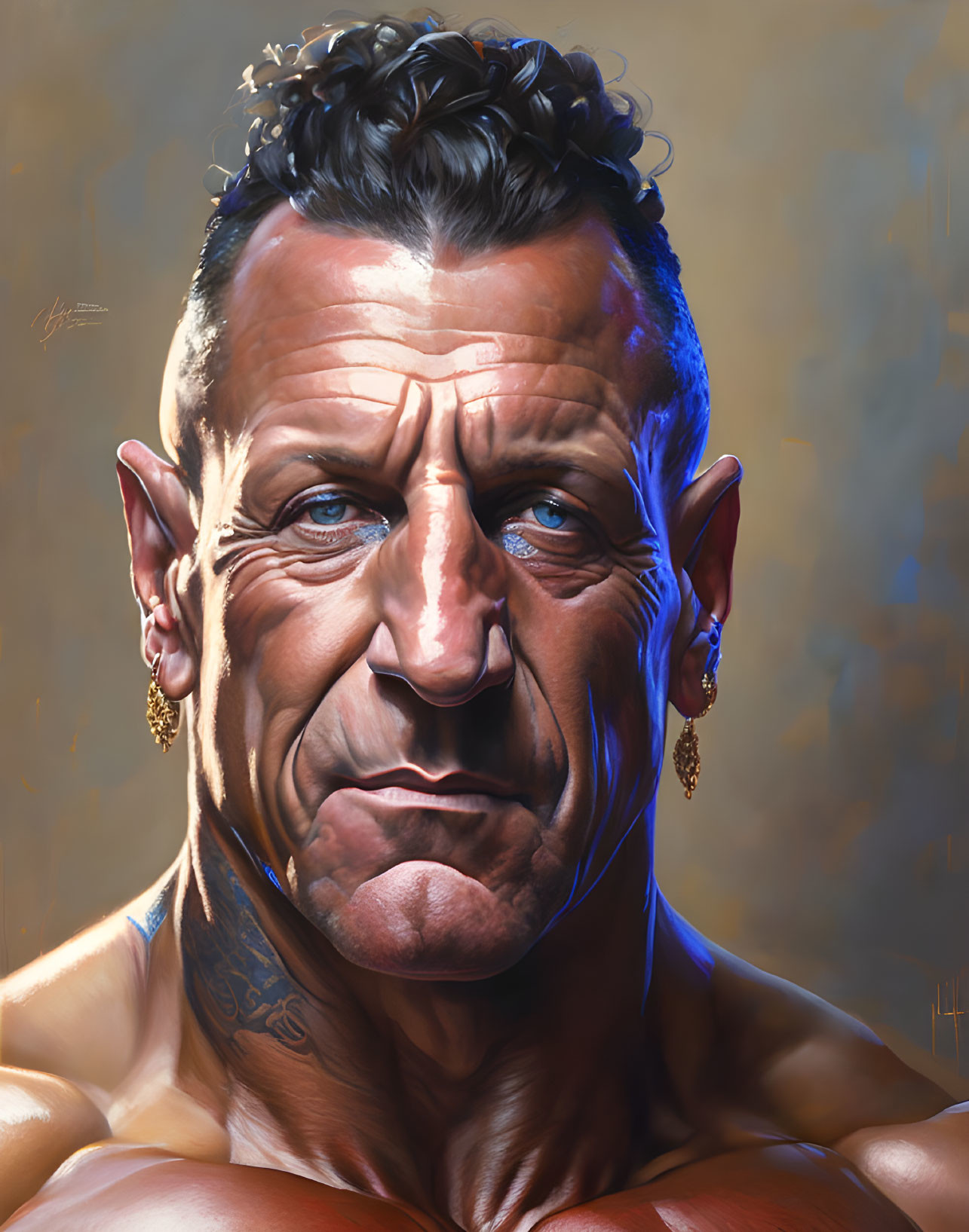 Detailed digital portrait of muscular man with short curly hair, wrinkled forehead, prominent cheekbones, hoop