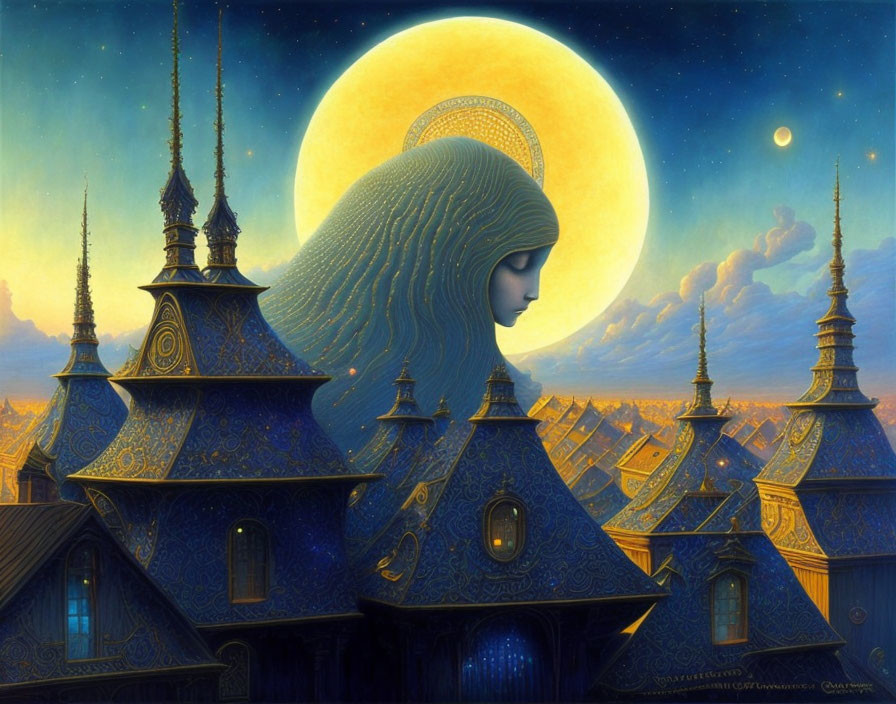 Fantasy illustration: Woman's profile merges with architecture under moonlit sky