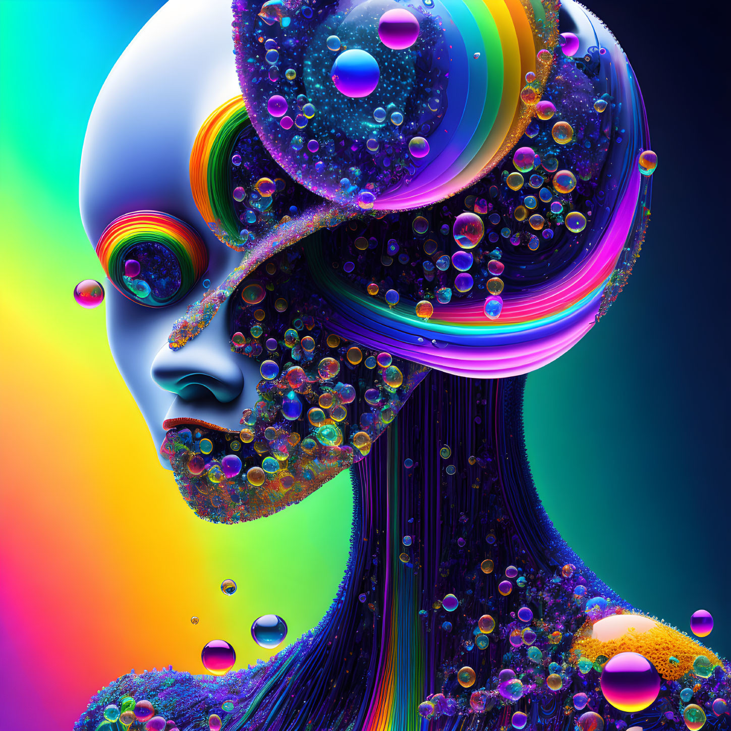 Futuristic humanoid digital art with glossy, bubble-infused skin