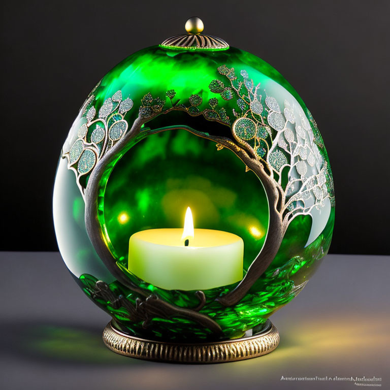 Green Glass Candle Holder with Silver Tree Designs on Stand