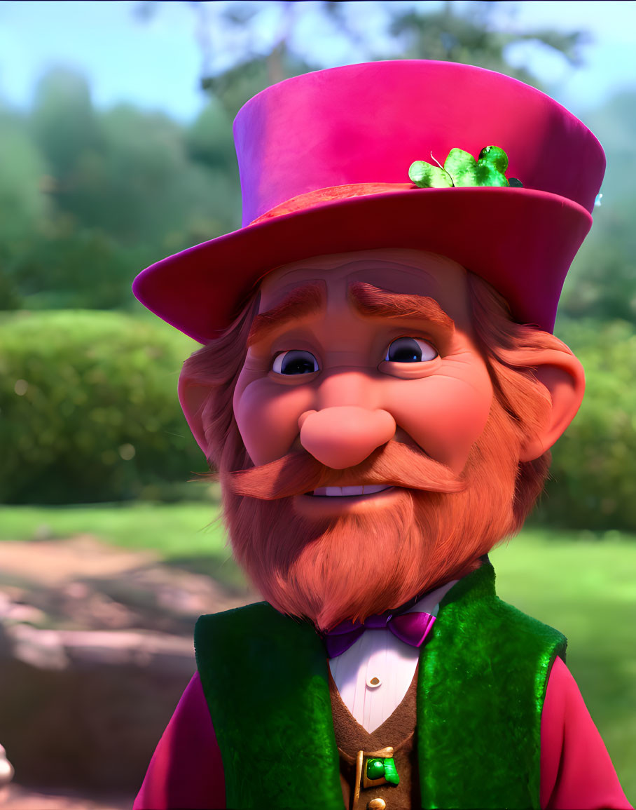 Leprechaun-inspired animated character in green suit and pink clover hat smiling outdoors