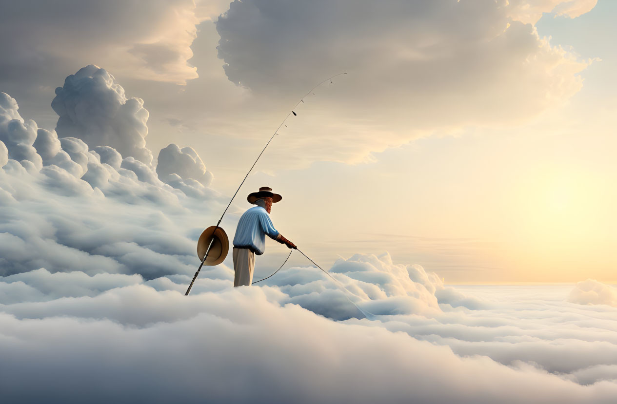 Person fishing on clouds at sunset in surreal scene