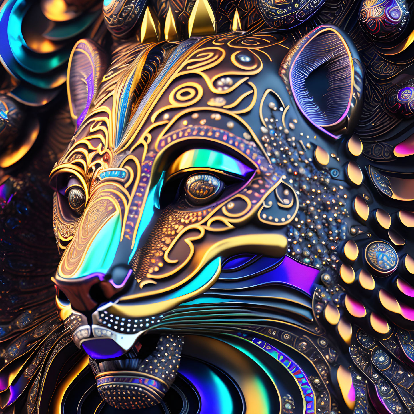 Colorful metallic leopard head with intricate patterns and textures