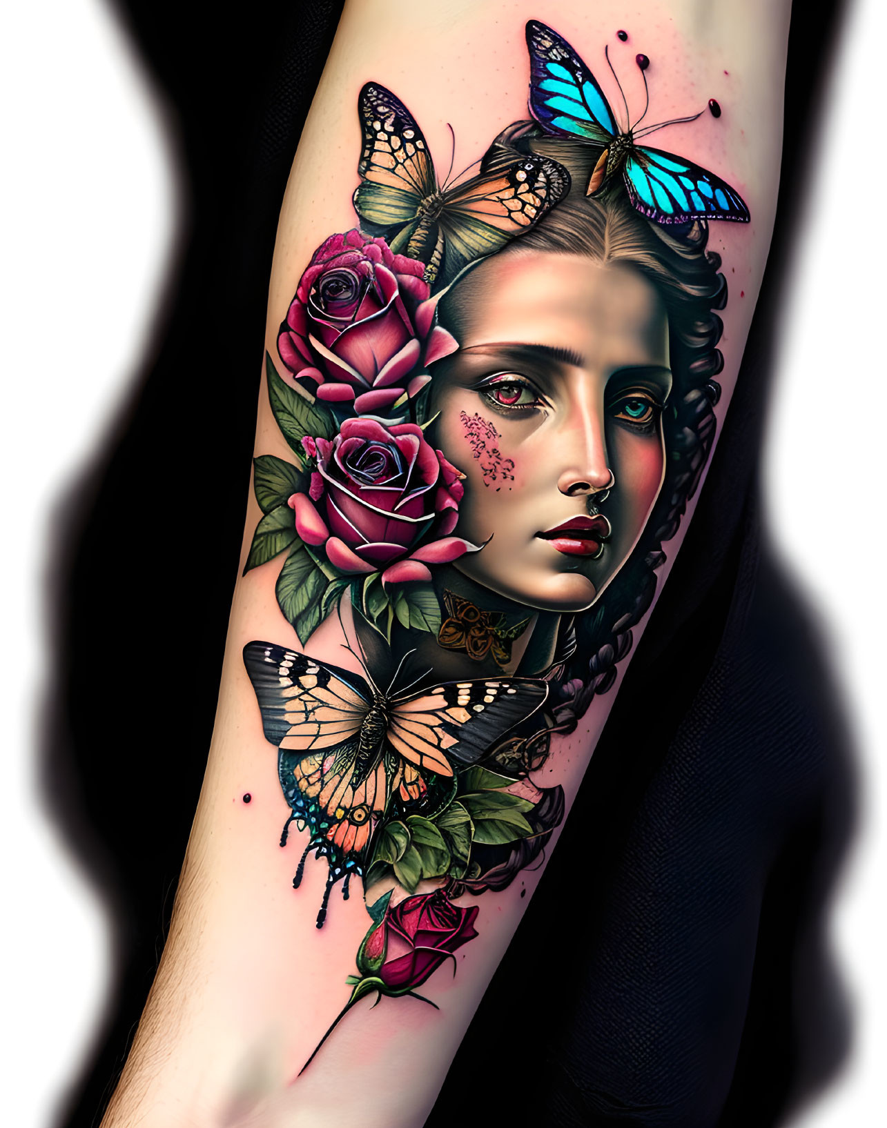 Colorful Woman's Face Tattoo with Roses and Butterflies