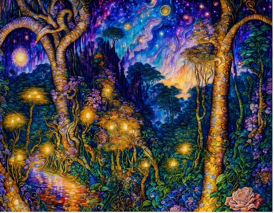 Fantastical forest scene with luminescent flora and starry sky