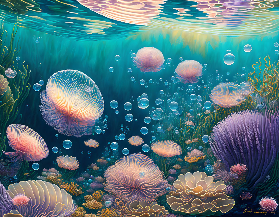 Colorful Underwater Scene with Jellyfish, Coral, and Bubbles