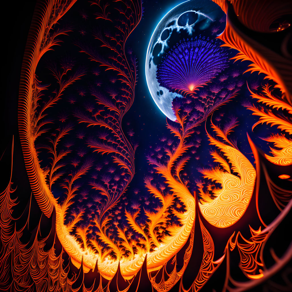 Colorful digital artwork: fiery orange fractals on cosmic backdrop.