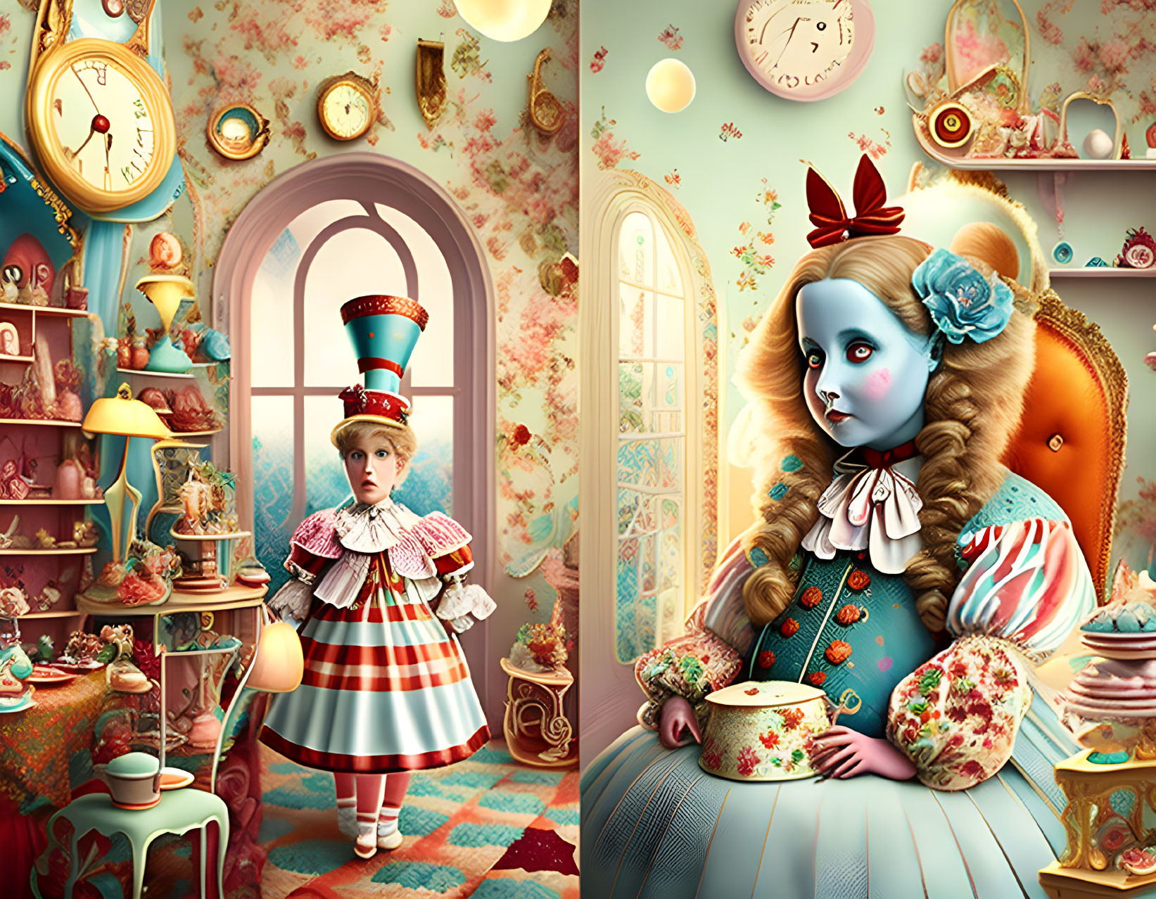 Whimsical surreal illustrations of girl as Alice in Wonderland