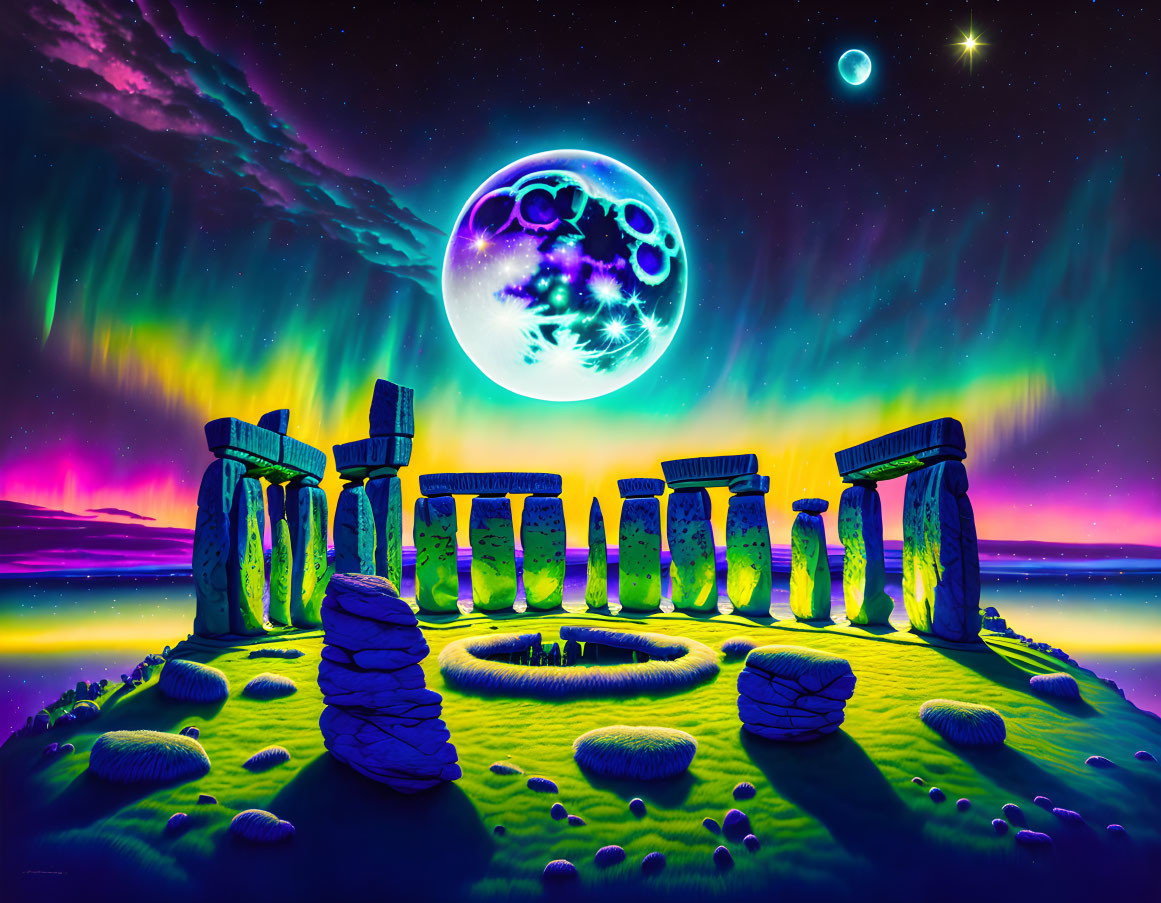 Stonehenge with northern lights, full moon, and stars in psychedelic sky