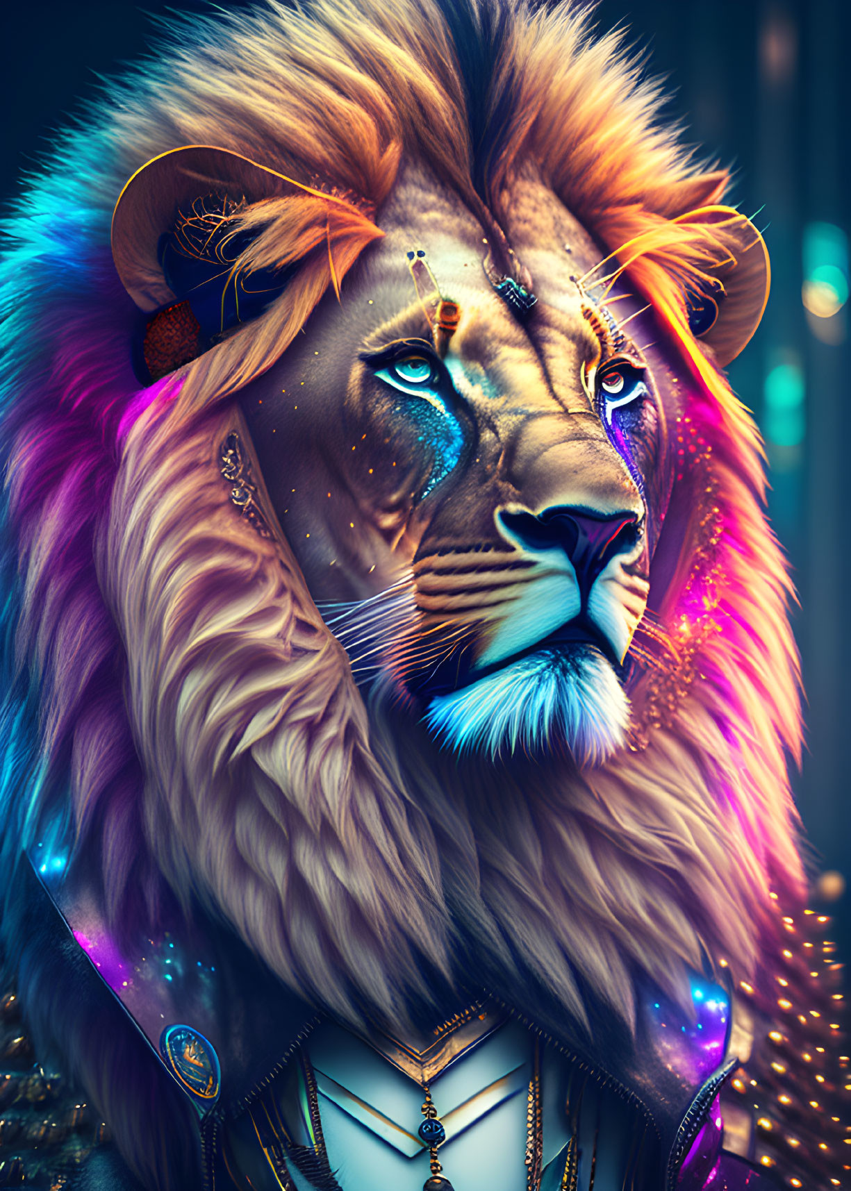 Colorful anthropomorphic lion illustration with blue and orange mane and cosmic jewelry.