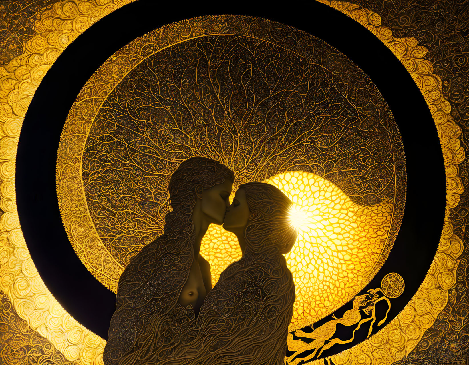 Silhouetted figures kissing under golden tree and celestial backdrop