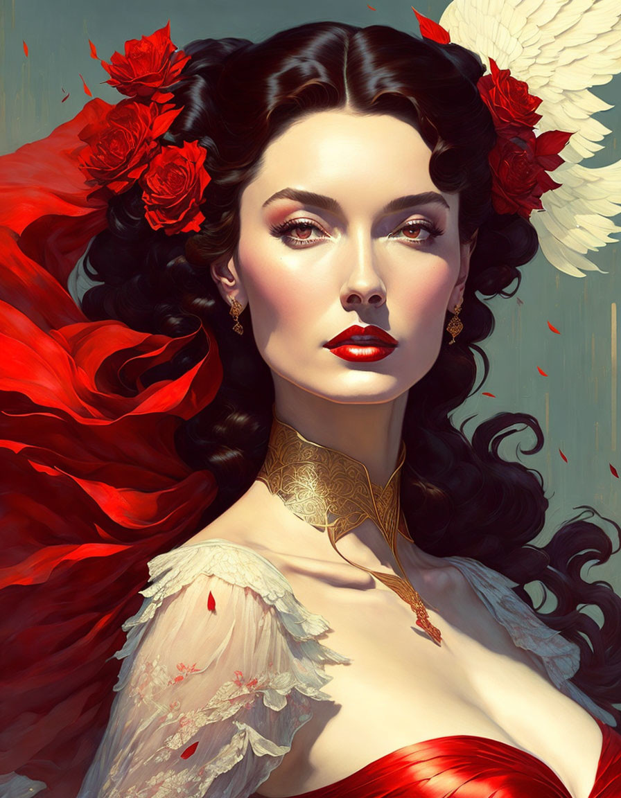 Stylized digital art: Pale-skinned woman in red dress with roses, feathers, and gold