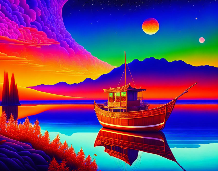 Colorful digital artwork: traditional boat on water at sunset with vivid sky and planets.