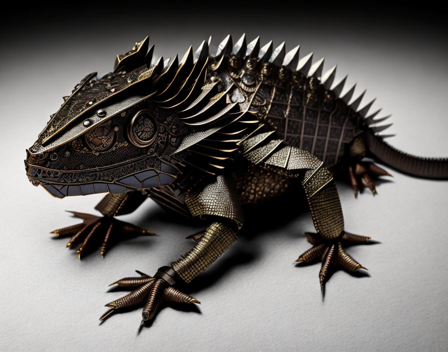 Intricate metallic dragon sculpture with sharp claws and spines