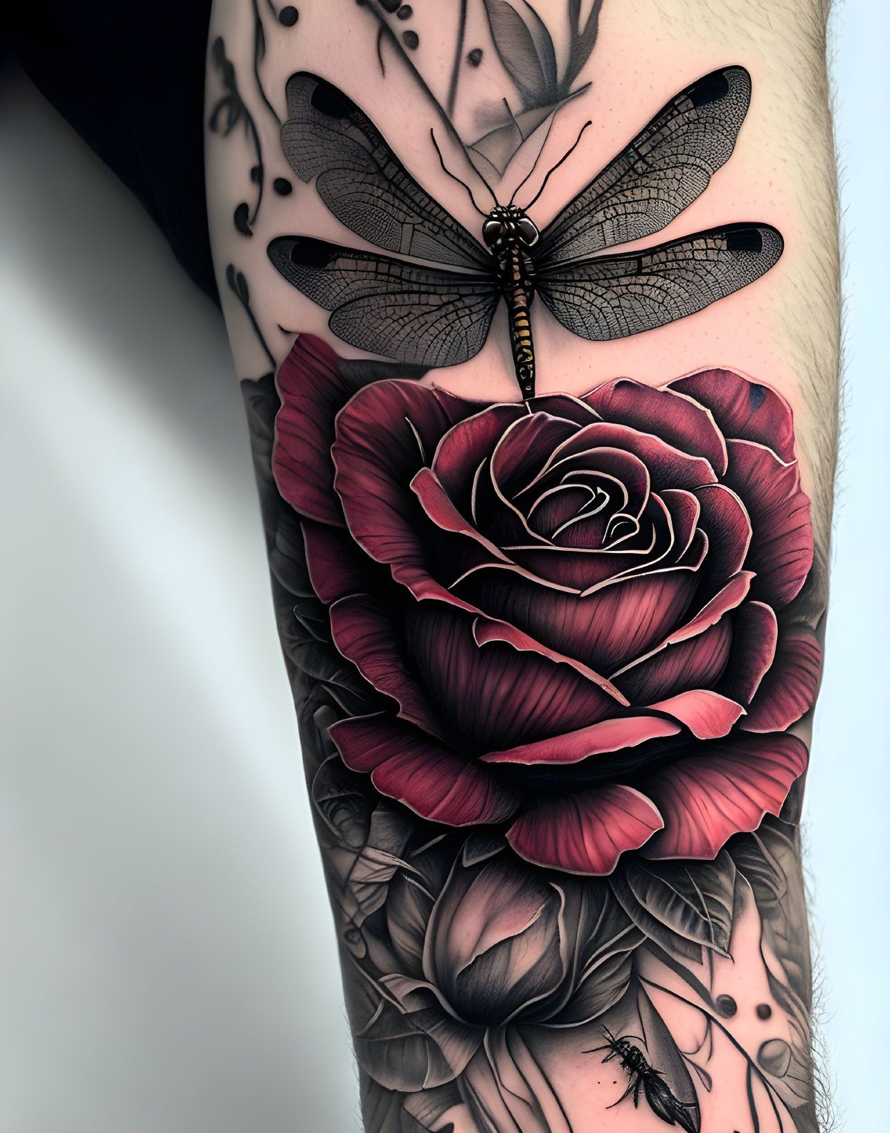 Detailed Dark Red Rose Tattoo with Dragonflies on Forearm