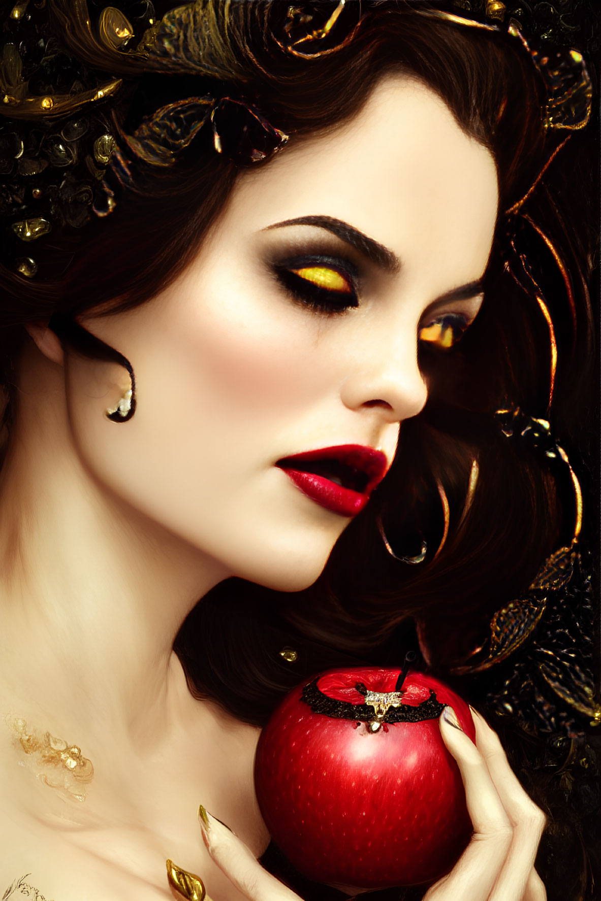 Woman with dramatic makeup holding red apple in fantasy setting