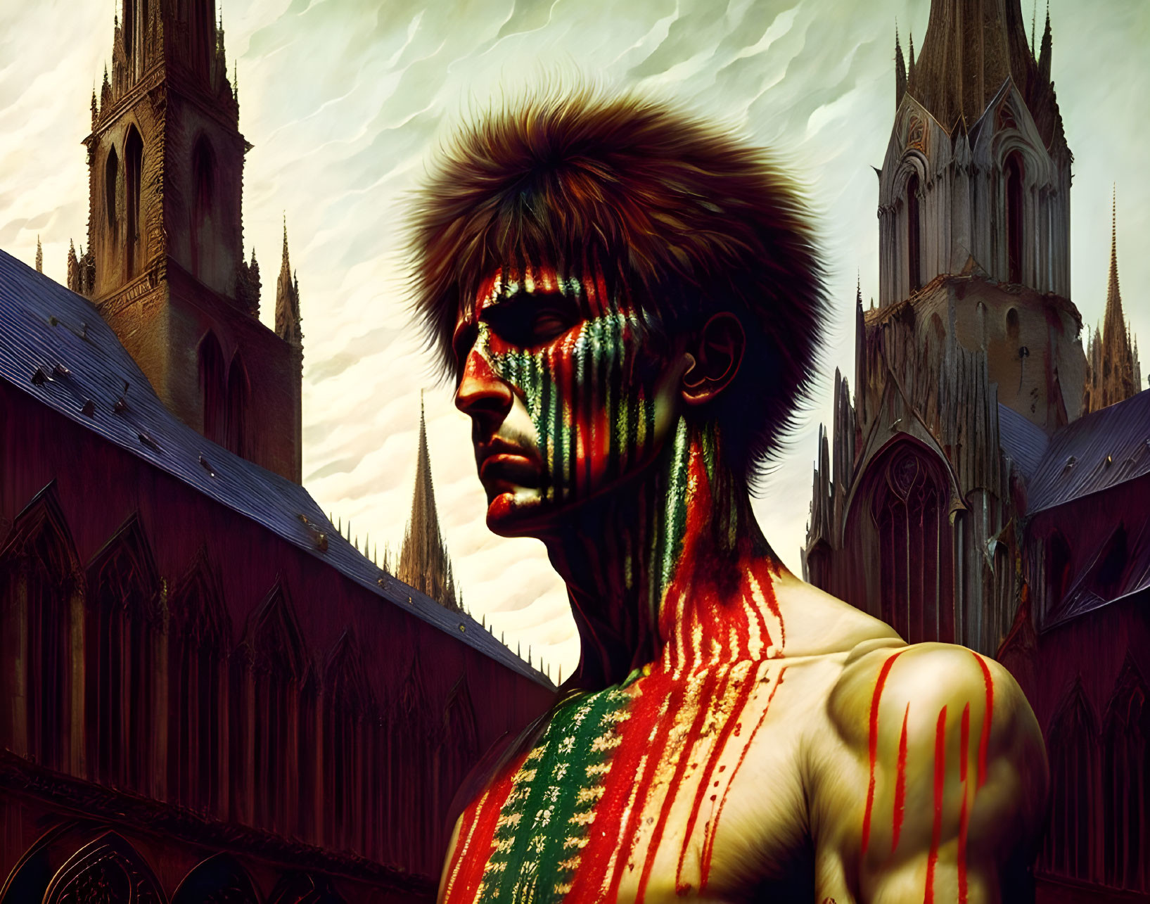 Colorful tribal face paint on man against gothic cathedrals and dramatic sky