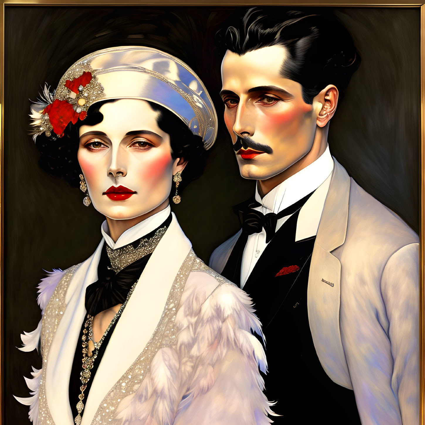 1920s couple portrait with woman in feathered headband and man in white tuxedo