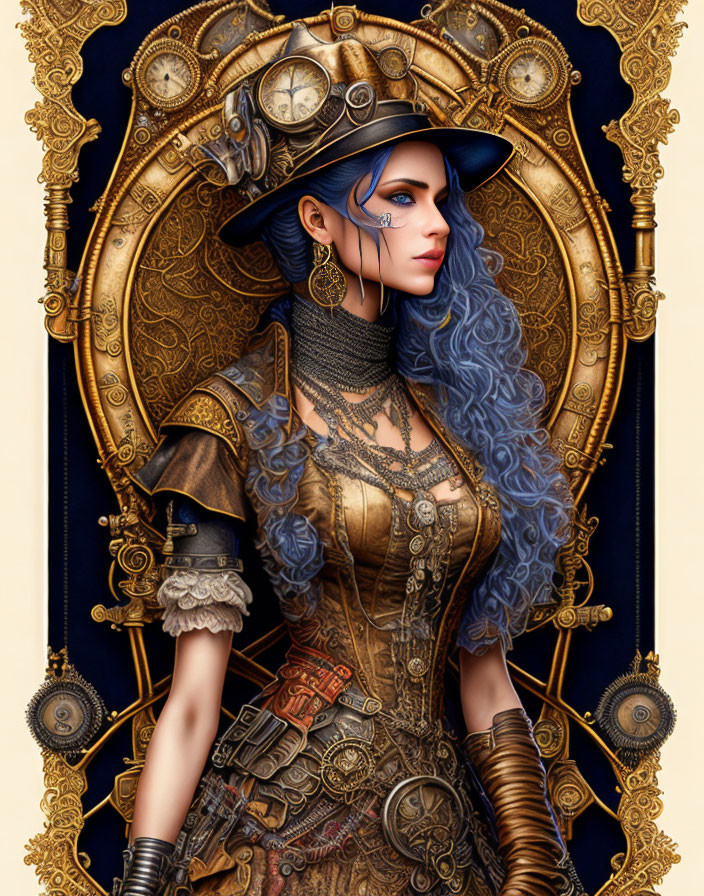 Steampunk-themed digital art of a woman in ornate attire with blue hair and gold designs