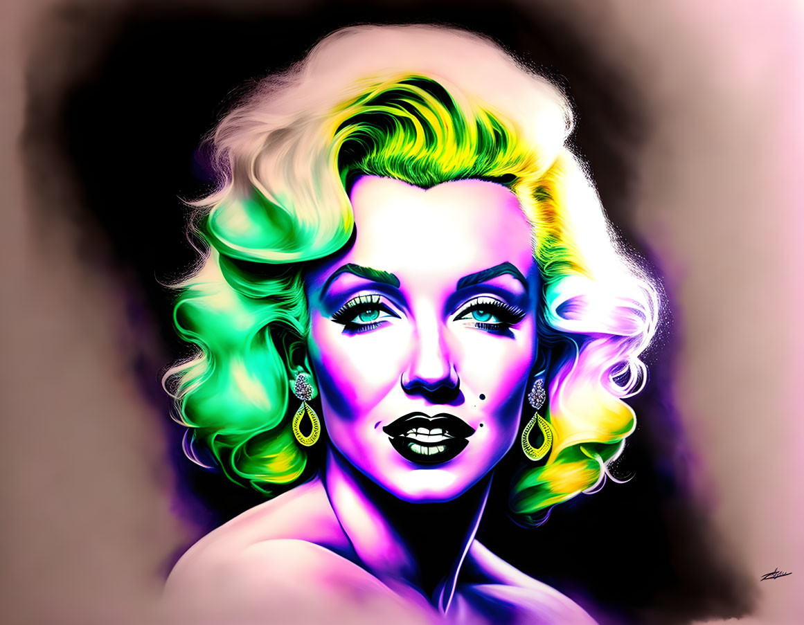 Vibrant digital portrait of a woman with neon green hair highlights on pink and black background