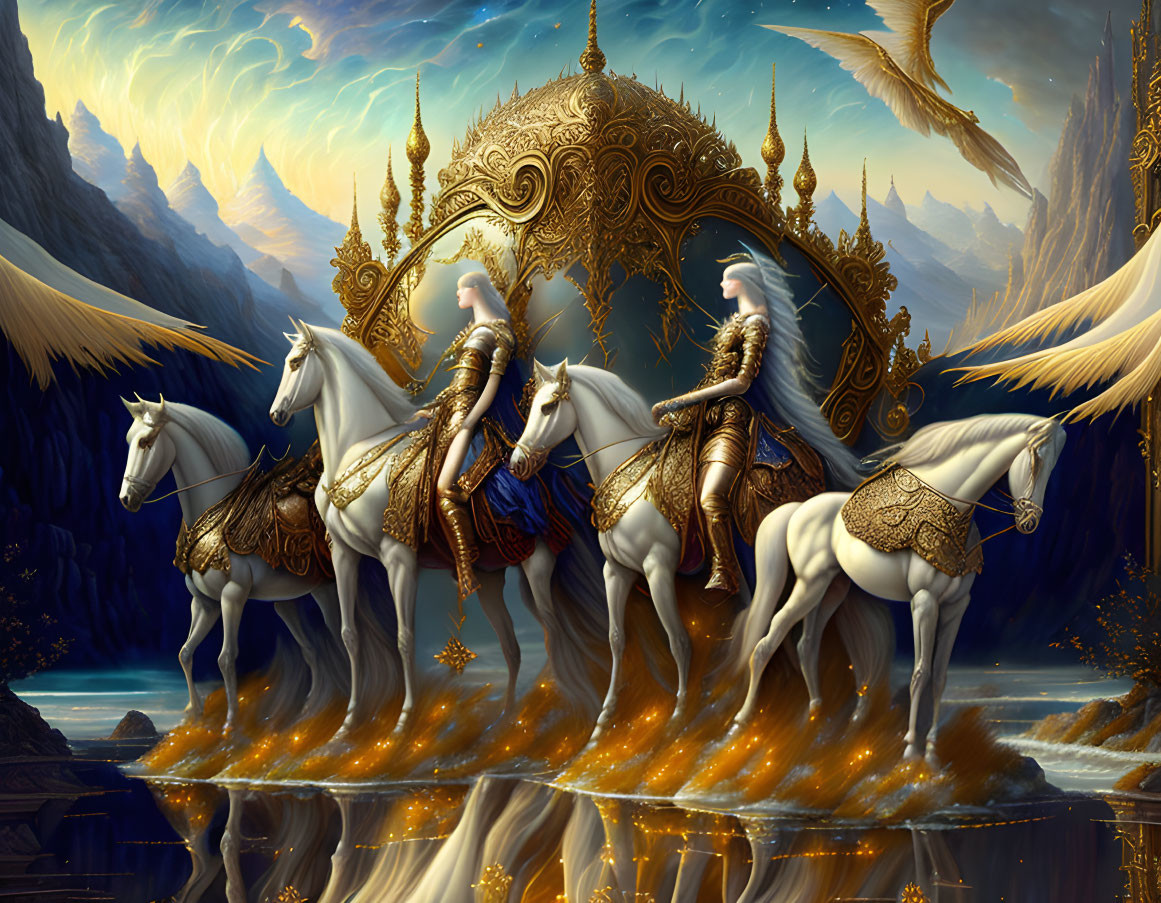 Armored knights on white horses crossing ornate golden bridge in fantastical landscape