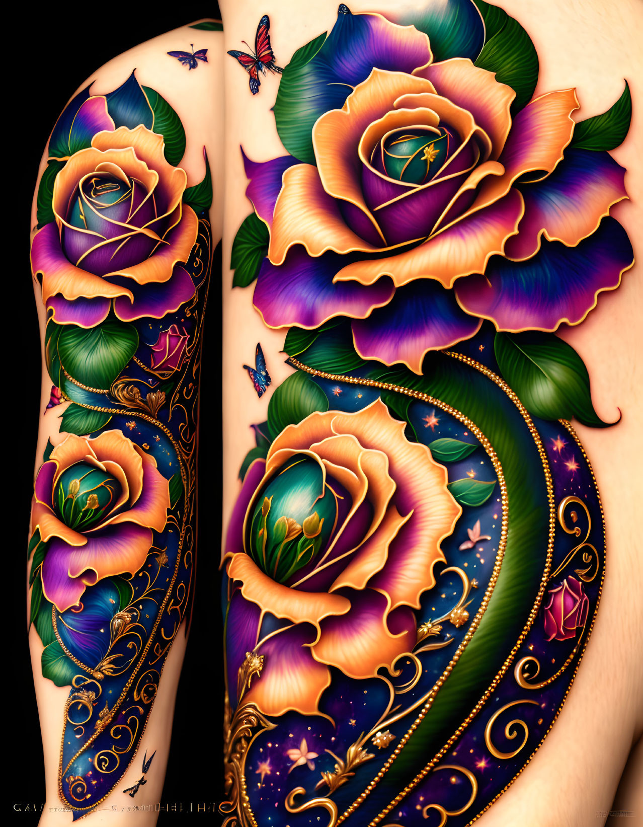 Vibrant rose and butterfly arm tattoo with ornate patterns in violet, green, and gold.