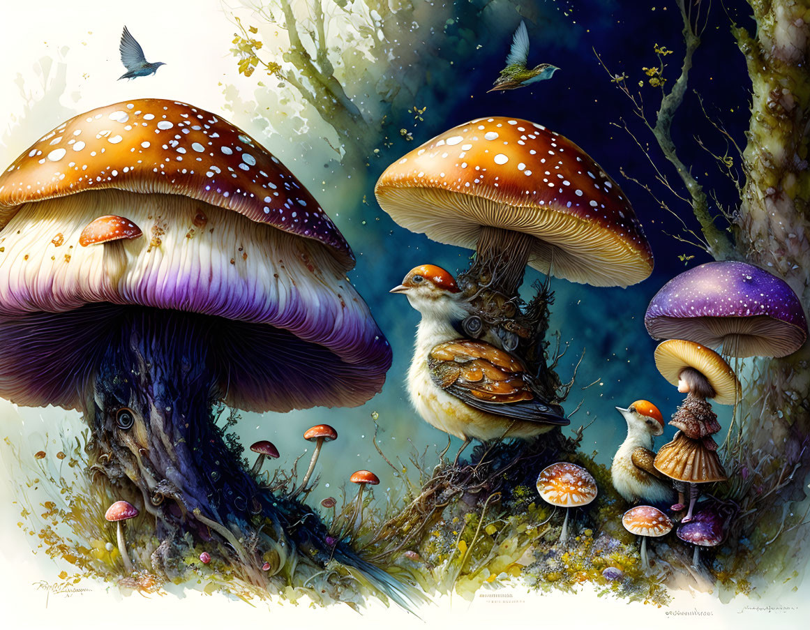 Colorful Mushrooms, Birds, and Butterflies in Fantasy Forest