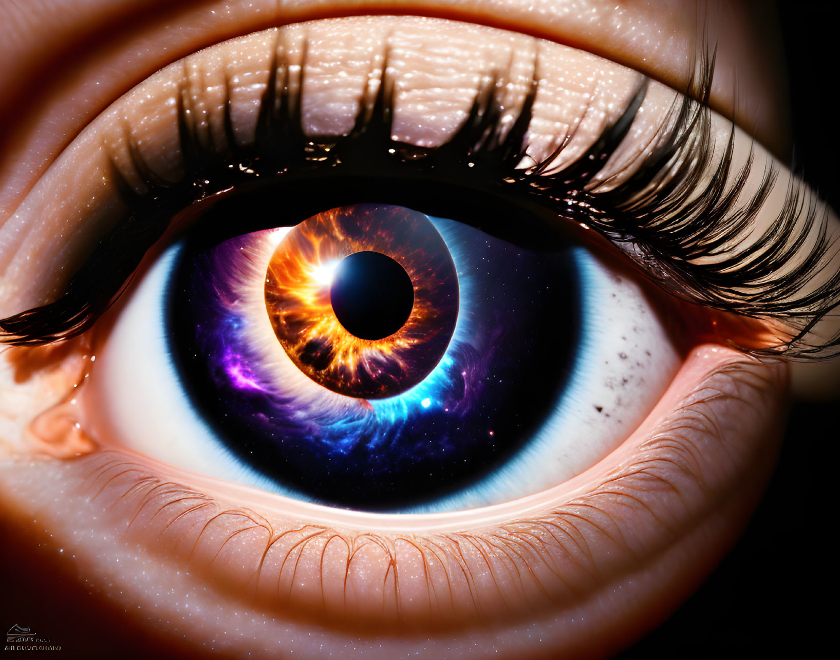 Detailed human eye with vibrant galactic iris & realistic skin textures