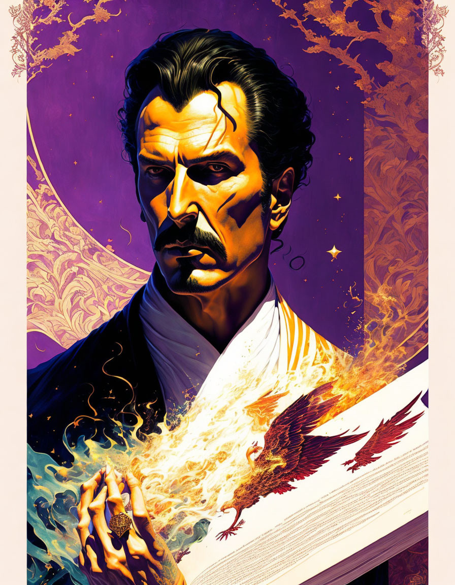 Stylized portrait of a man with mustache holding flame, phoenix rising, purple and gold backdrop