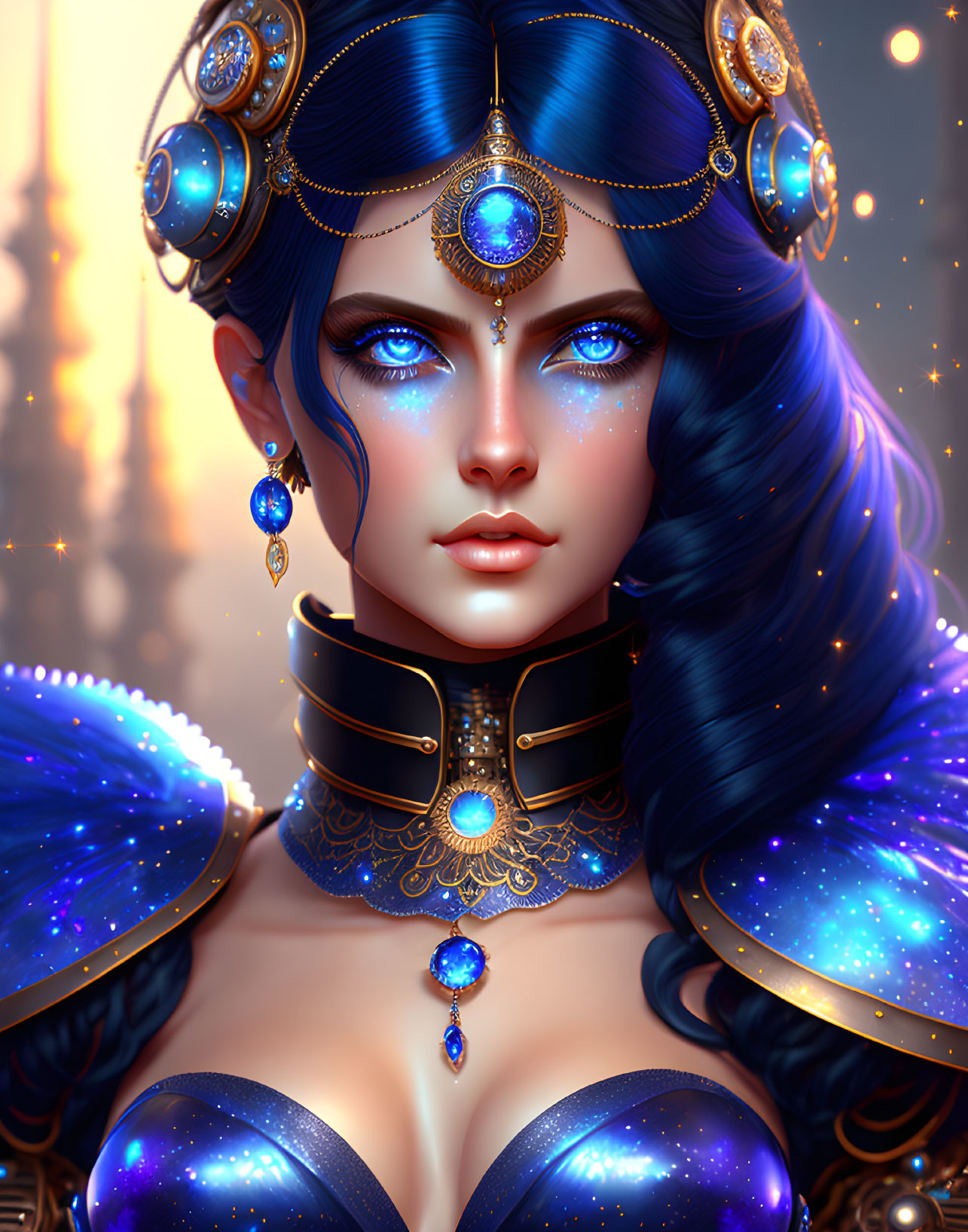 Digital artwork of woman with blue hair and ornate gold jewelry exuding royal aura