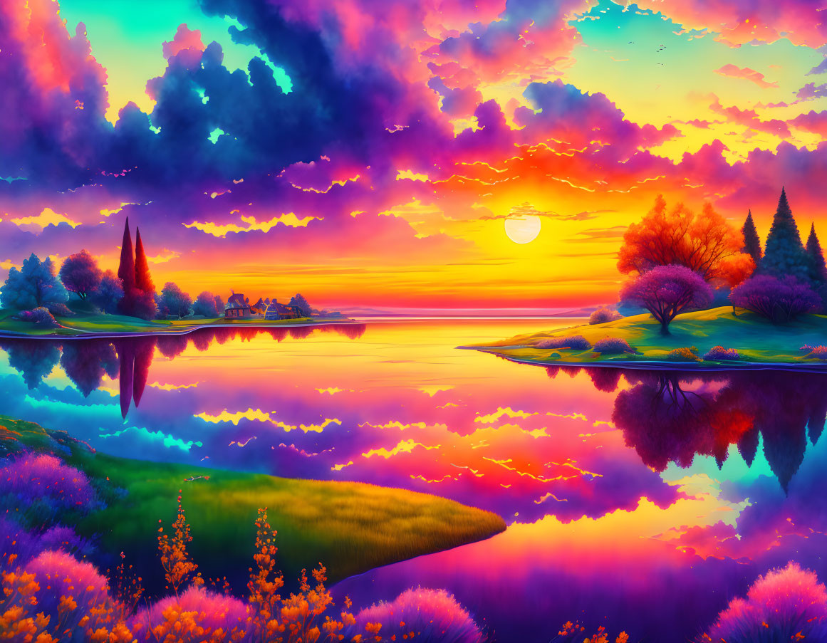 Vibrant sunset over tranquil lake with colorful clouds and lush greenery