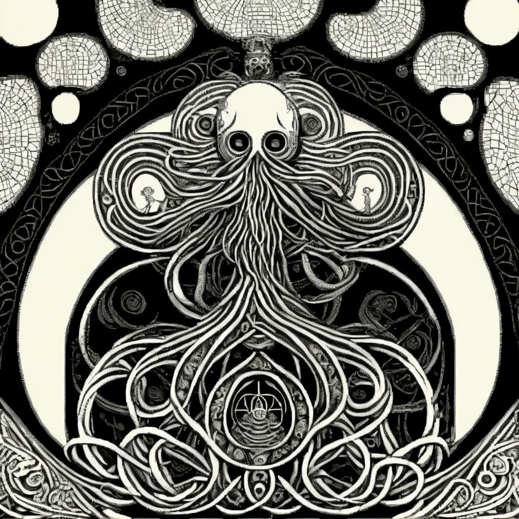 Monochrome skull illustration with tentacle-like patterns on circular backdrop