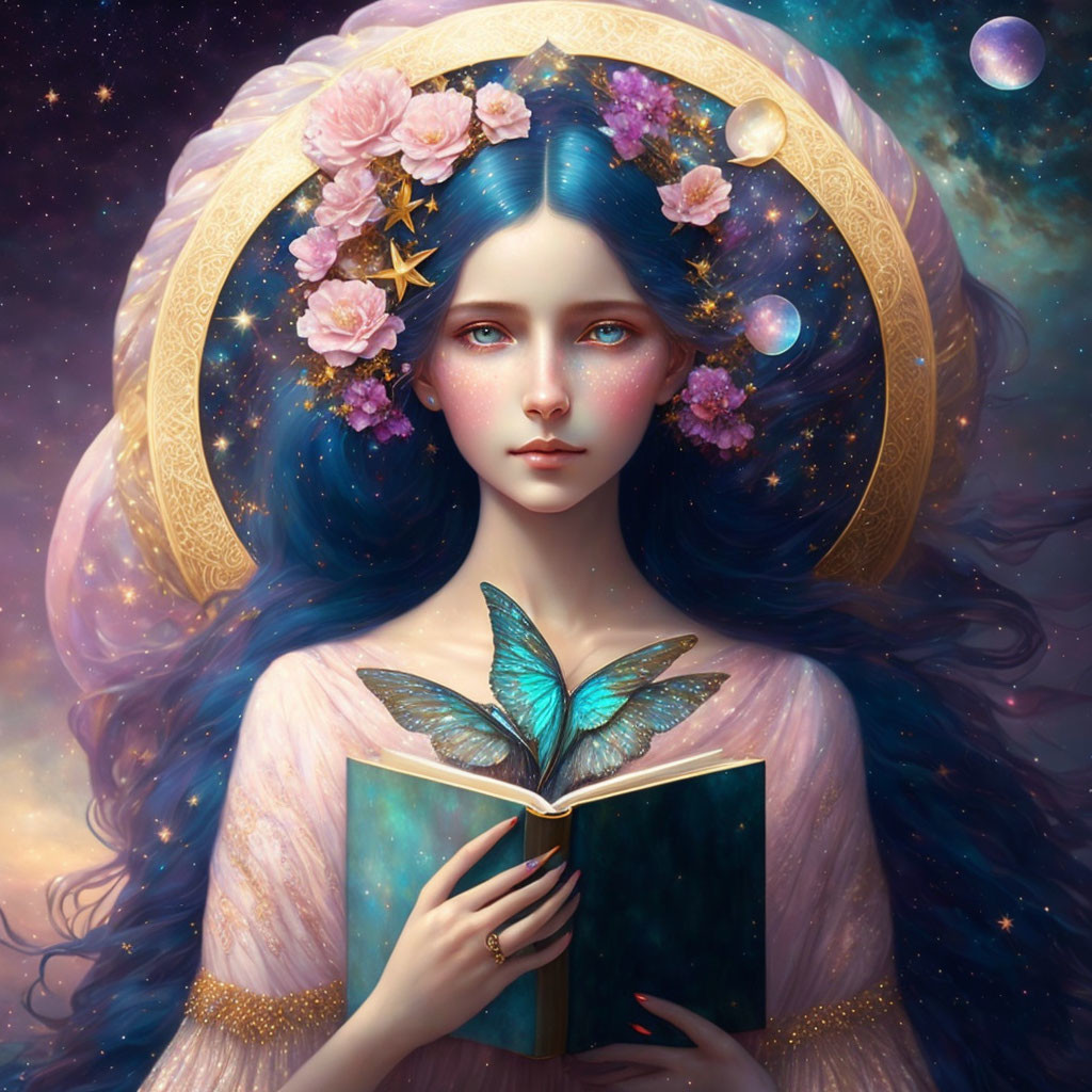 Fantastical image of woman with blue hair and cosmic features holding a book with butterfly, surrounded by