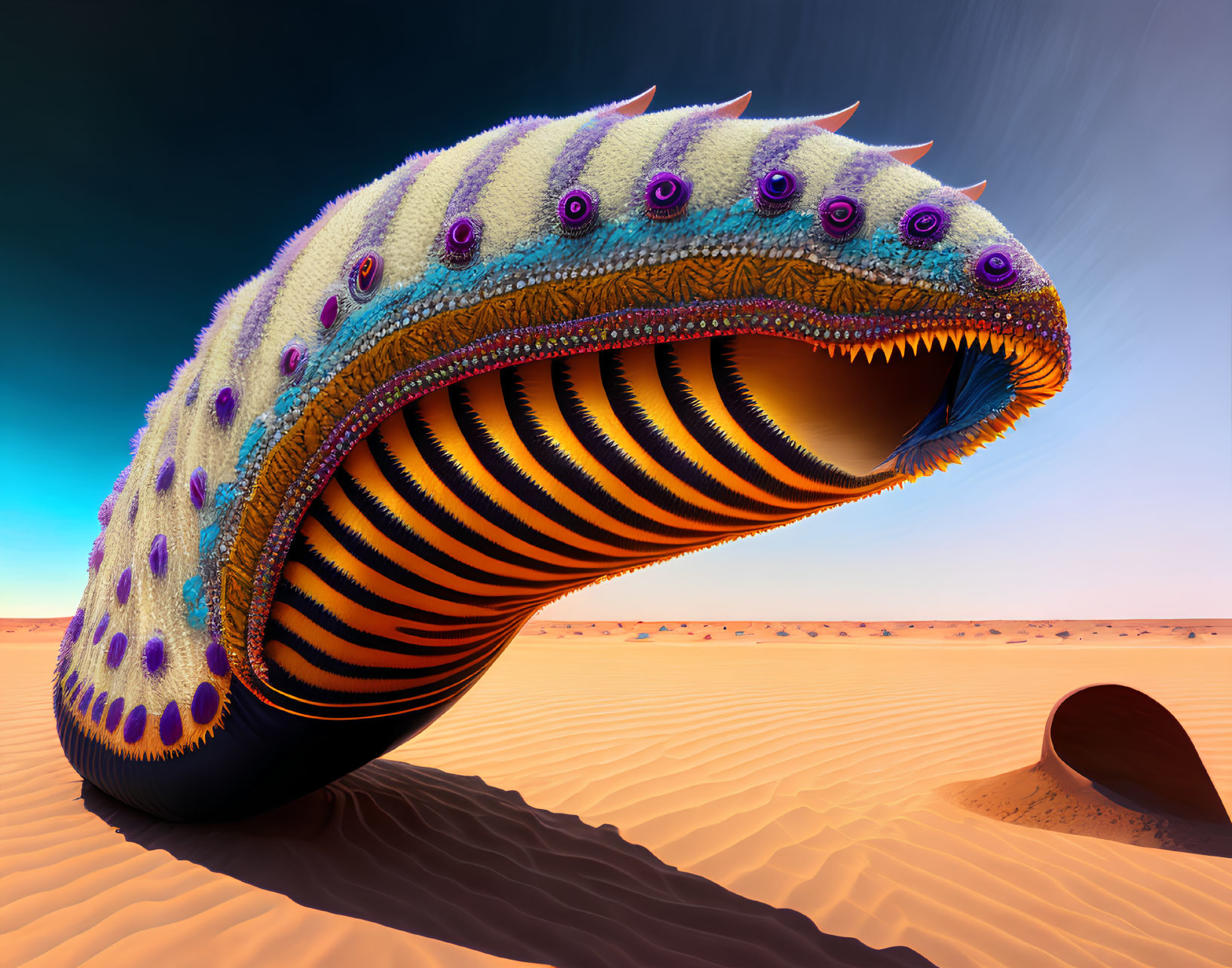 Colorful Surreal Creature Emerges from Desert Landscape