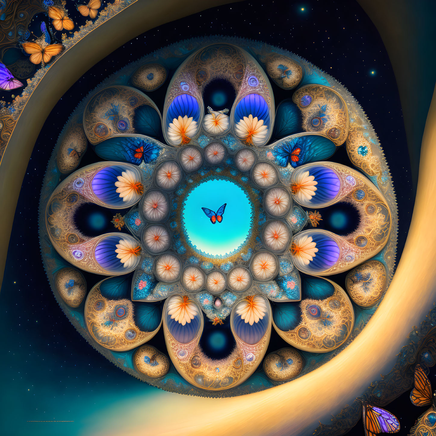 Symmetrical butterfly-themed digital artwork in blues, oranges, and golds