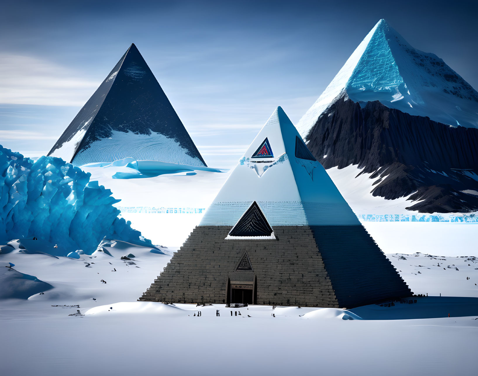 Surreal snowy landscape with three textured pyramids