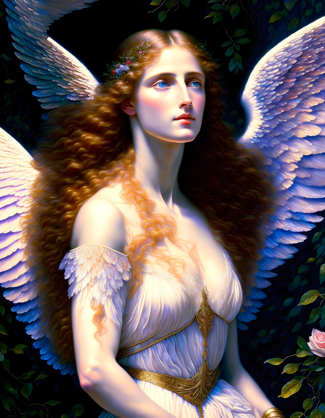 Digital Artwork: Angelic Figure with White Wings and Red Hair