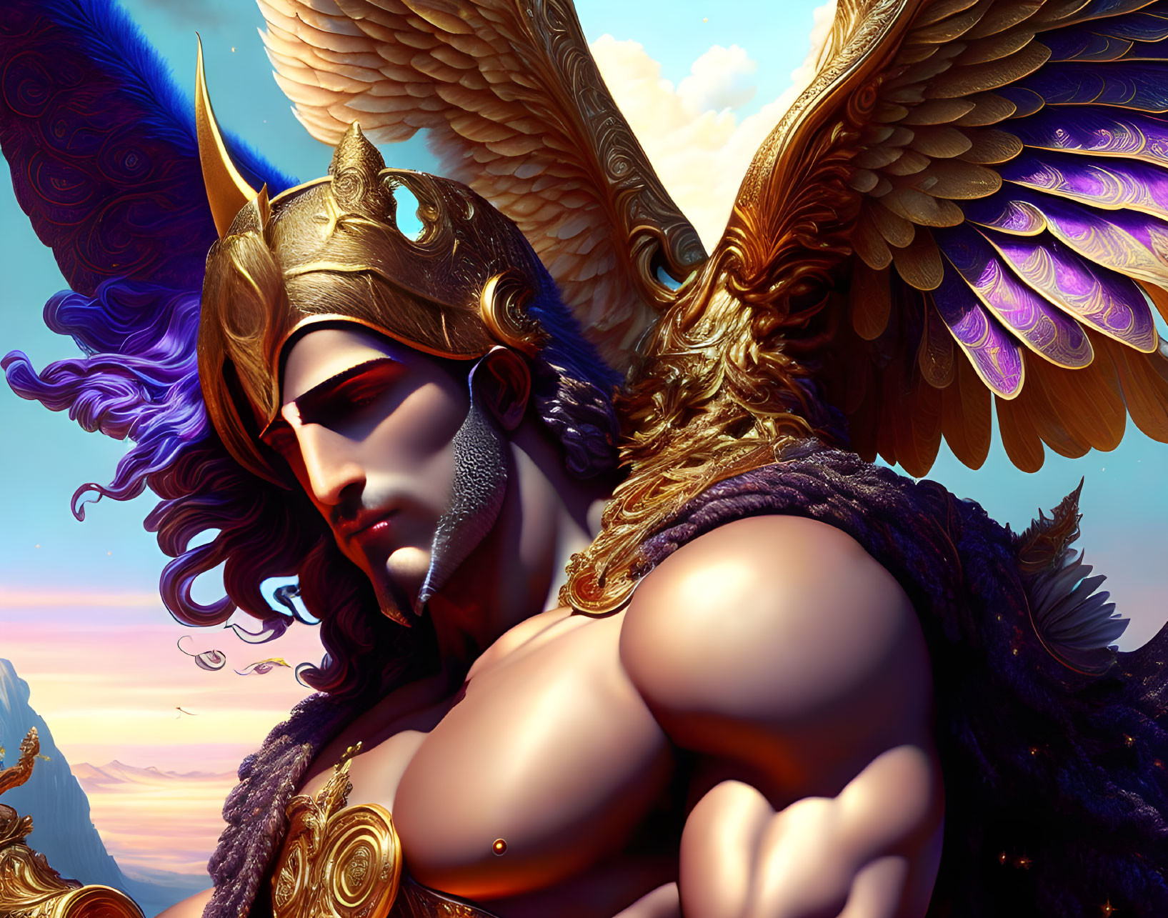 Mythological figure with golden armor and wings in scenic digital artwork