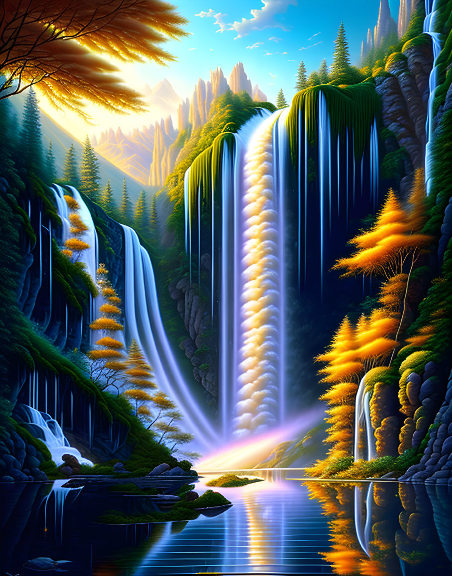 Fantasy landscape with majestic waterfalls and serene lake