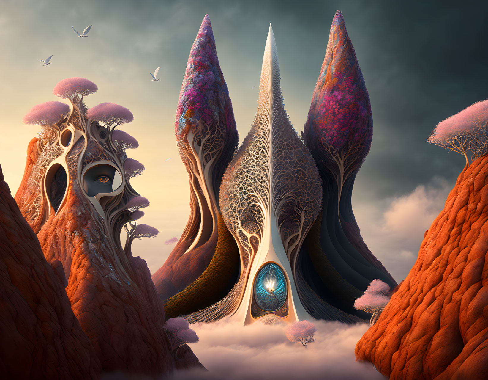 Vibrant surreal landscape with organic tree-like structures and floating islands