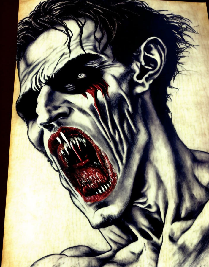 Detailed Drawing of Snarling Vampire with Prominent Fangs