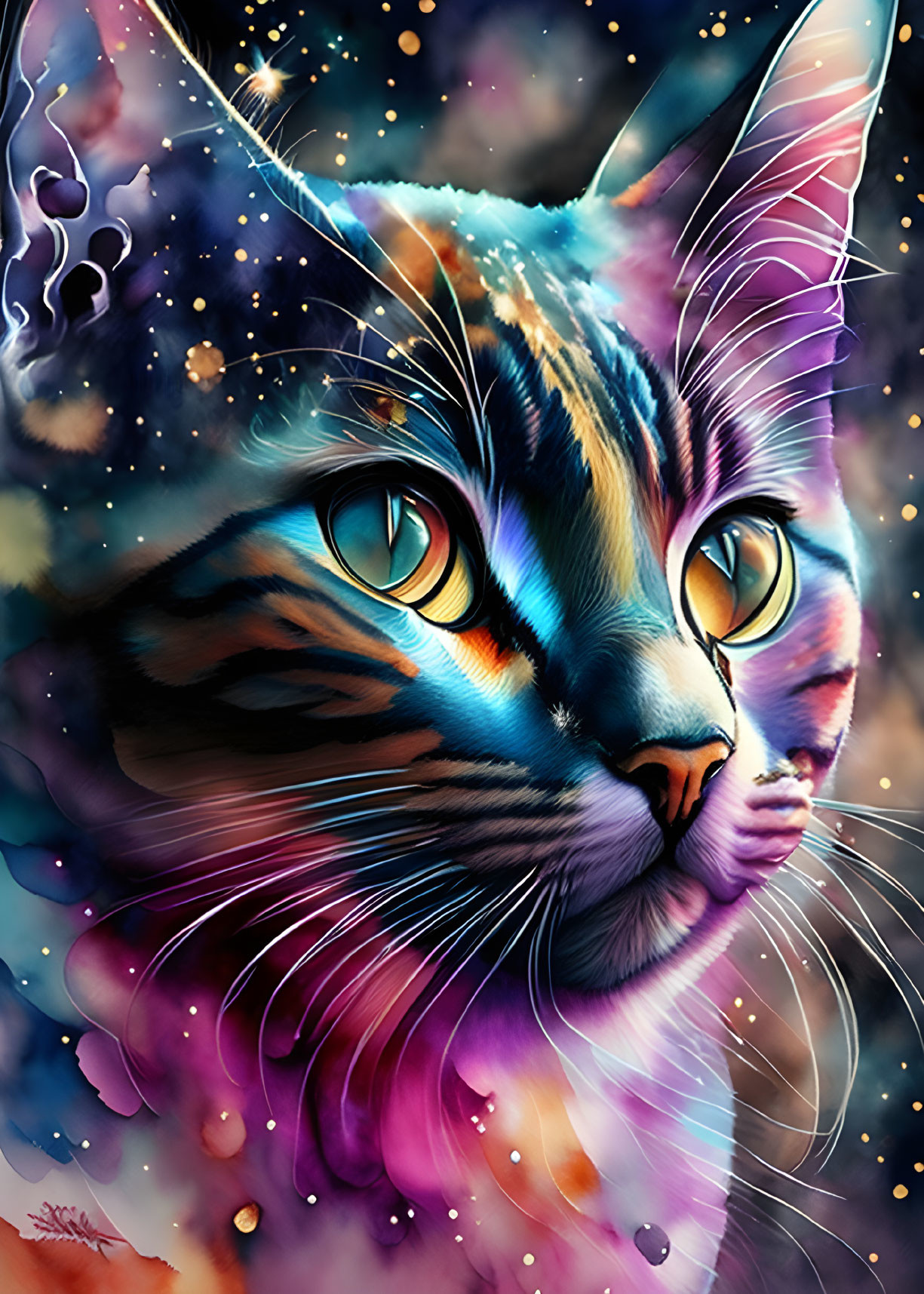 Colorful Cosmic Cat Illustration with Starry Background