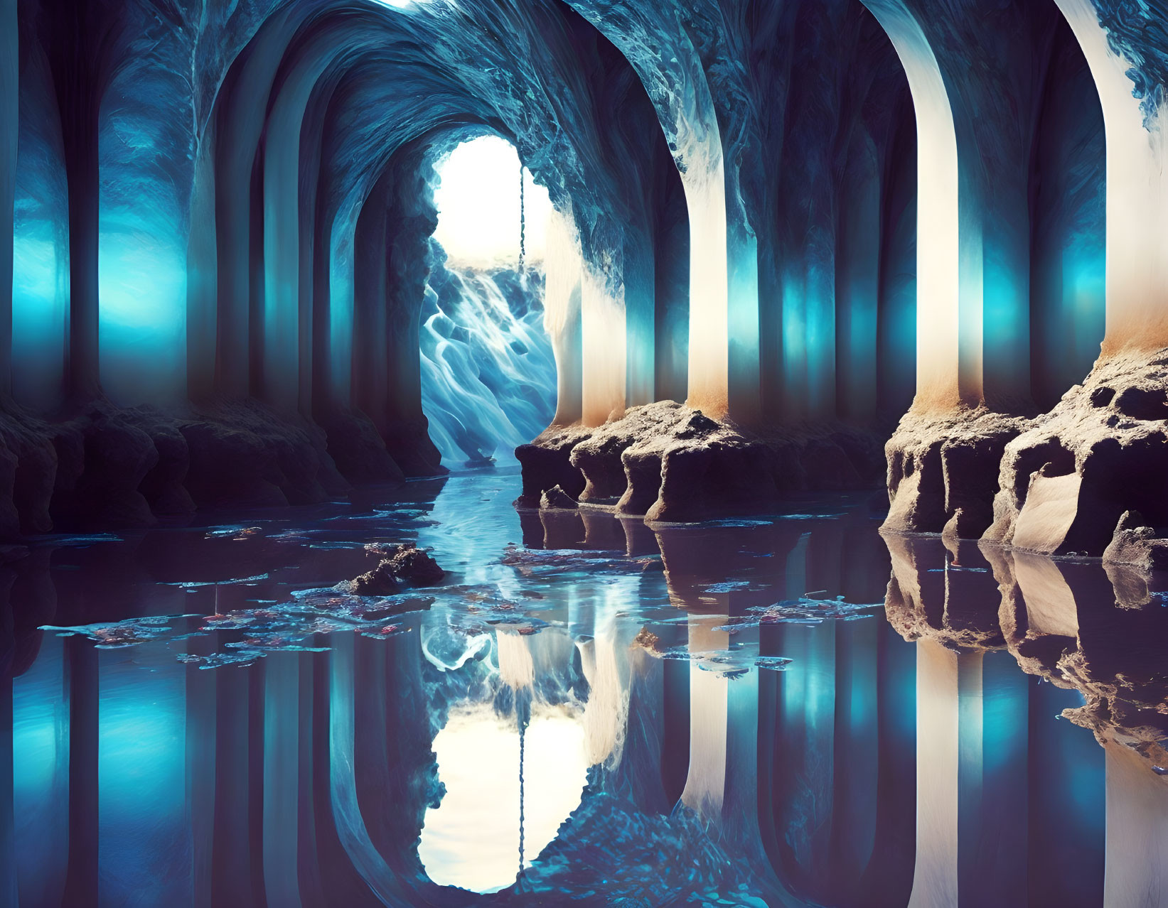 Ethereal underground cave with azure illuminated walls and reflective water