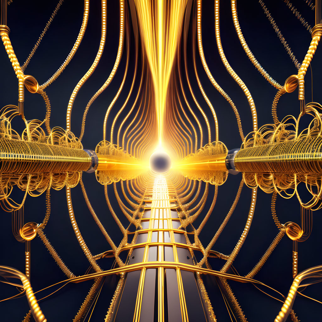 Symmetrical Golden 3D Structure with Glowing Sphere on Dark Background