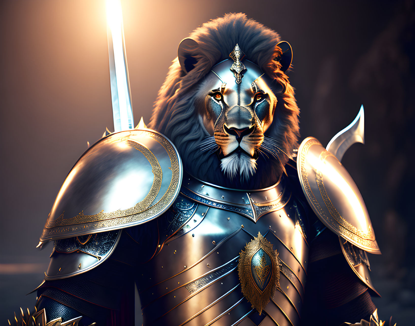 Anthropomorphic lion in ornate armor wields glowing sword