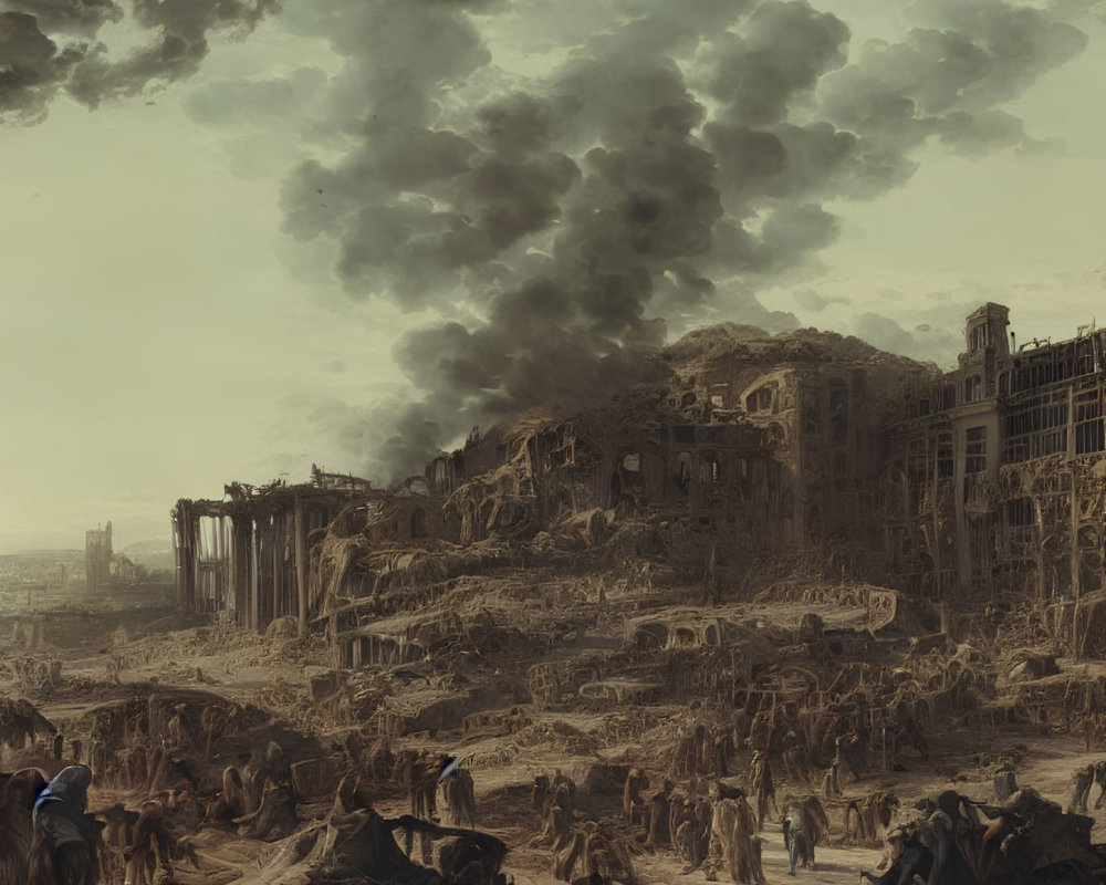 Dystopian landscape with ruined classical structures and dark clouds above