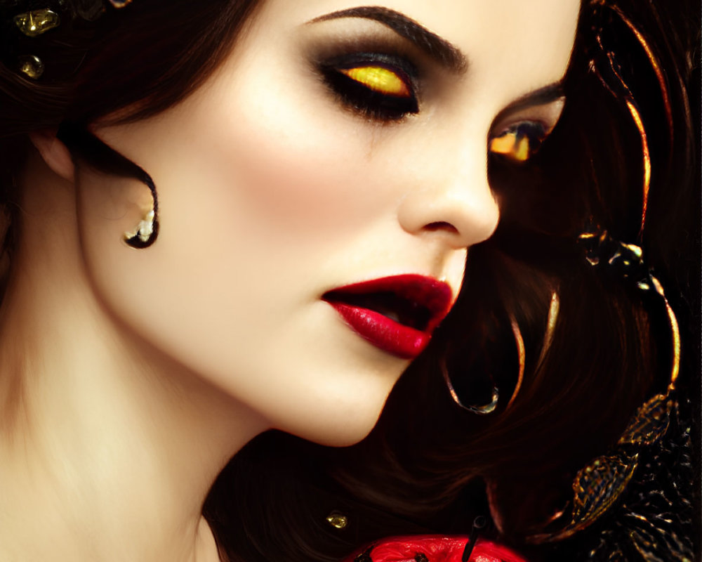 Woman with dramatic makeup holding red apple in fantasy setting