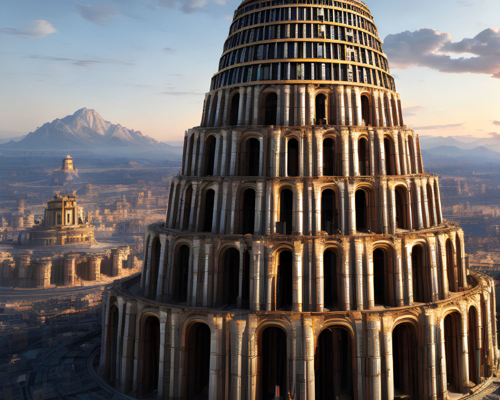 Cylindrical building with arched windows in sunset light against cityscape.