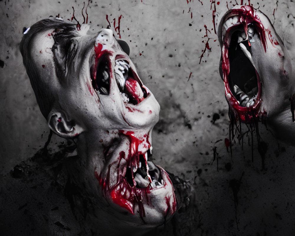 Exaggerated theatrical horror masks splattered with red on dark background